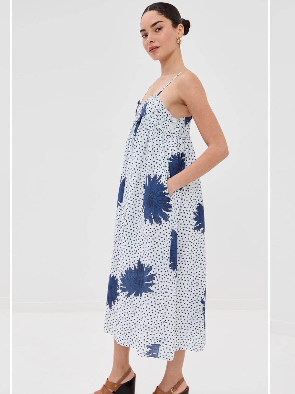 Alix Of Bohemia Cotton Silk Floral Polka Dot Eden Indigo Dahlia Midi Dress - Picture 4 of 13